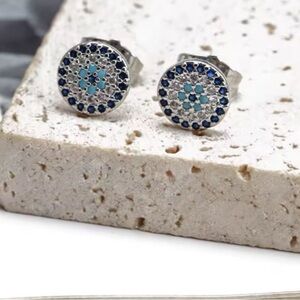 Silver Tone Round Stud Earrings with Blue Mosaic.  ~NEW~
